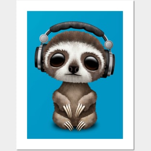 Cute Baby Sloth Deejay Wearing Headphones Posters and Art